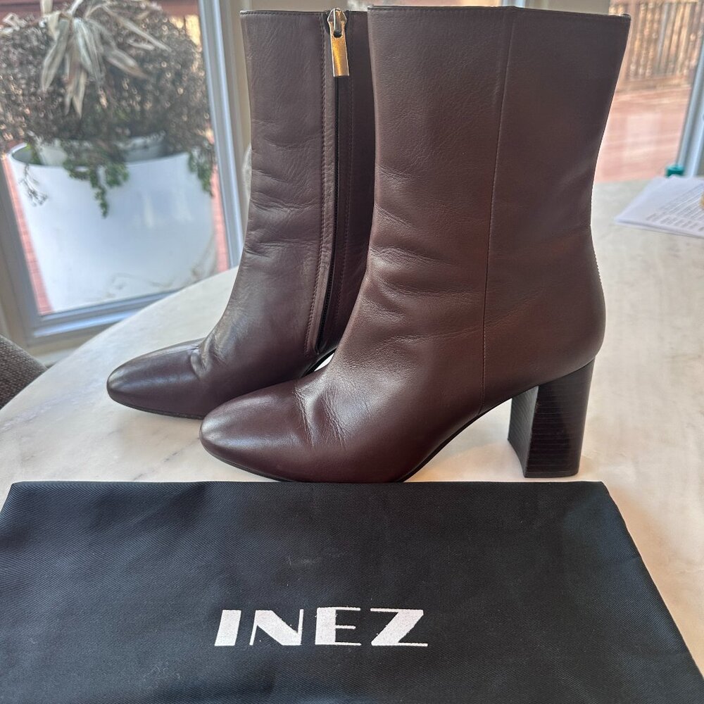 INEZ Dark Brown Leather Block Heel Ankle Boots